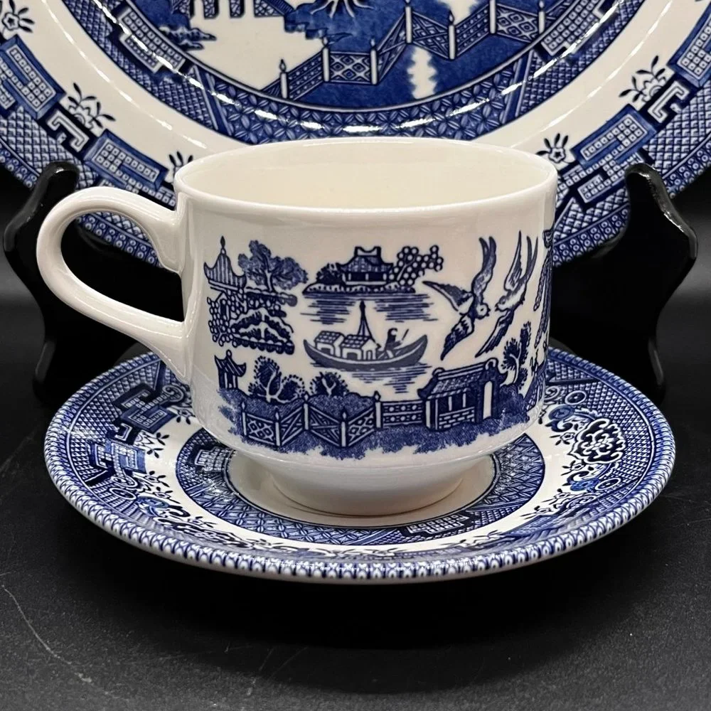 Blue Willow 3 Piece Set-Dinner Plate, Cup and Saucer by Churchill NIB